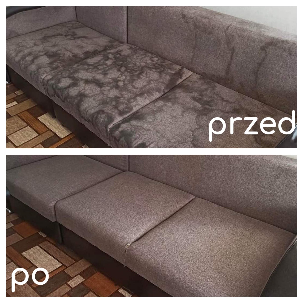 Porównanie stanu kanapy w Legnicy przed i po czyszczeniu, widoczne wyraźne różnice w wyglądzie i czystości tapicerki.