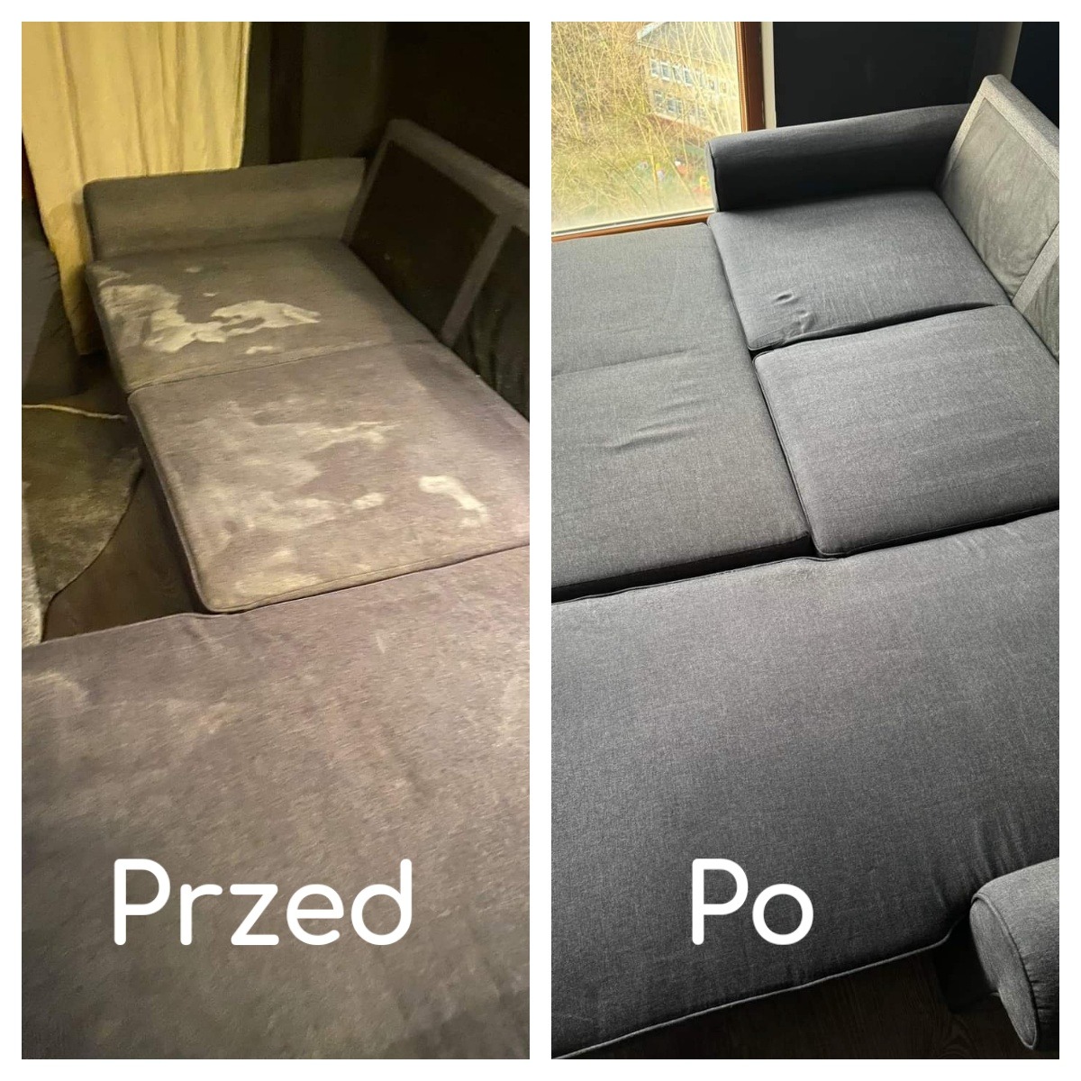 Szara sofa modułowa: porównanie stanu przed i po czyszczeniu. Lewa strona pokazuje widoczne plamy i zabrudzenia na tapicerce, prawa strona prezentuje sofę po zabiegu, z jednolitą, czystą...