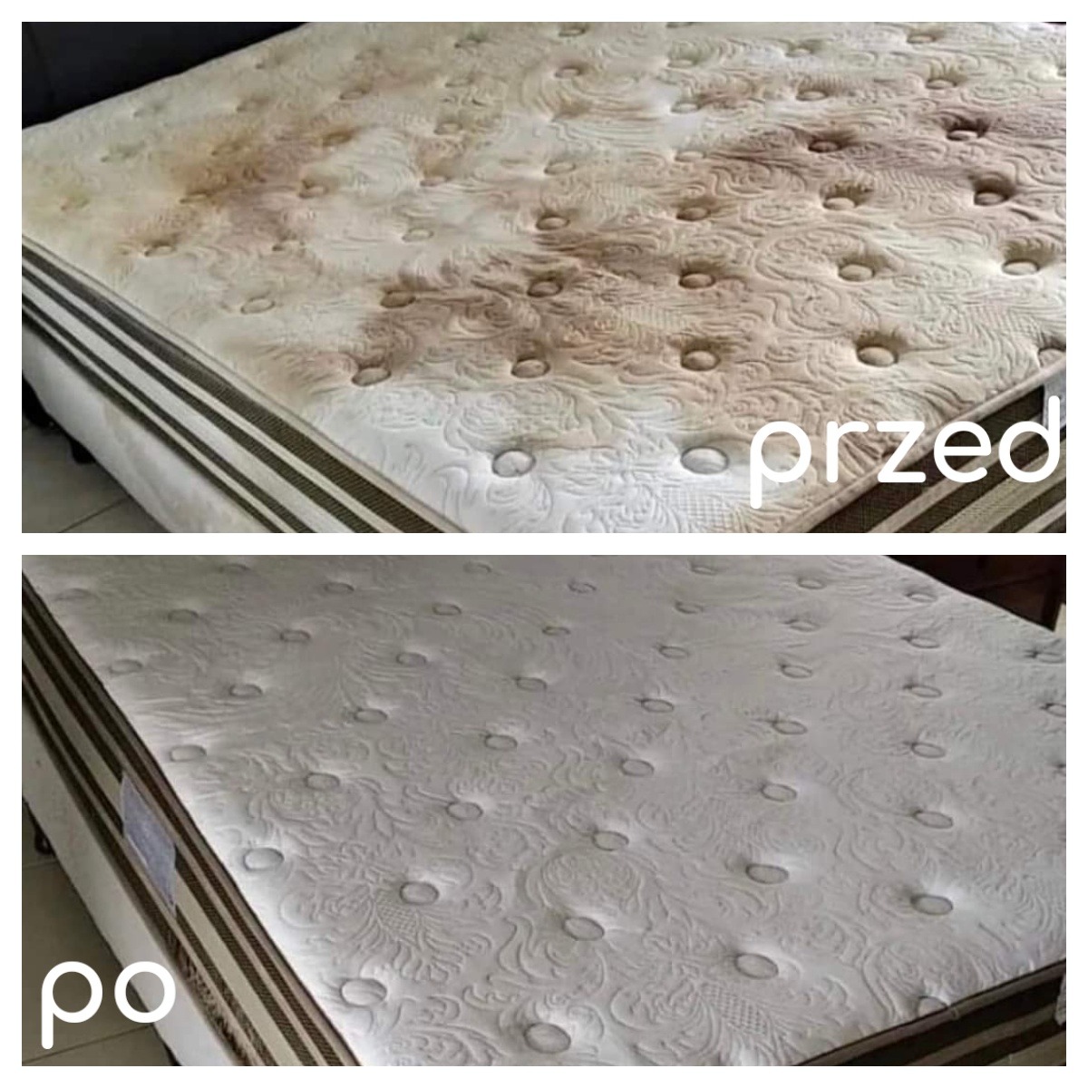 Materac z widocznymi plamami 'przed' czyszczeniem i identyczny materac 'po' profesjonalnym czyszczeniu, ukazujący znaczną poprawę wyglądu i czystości.