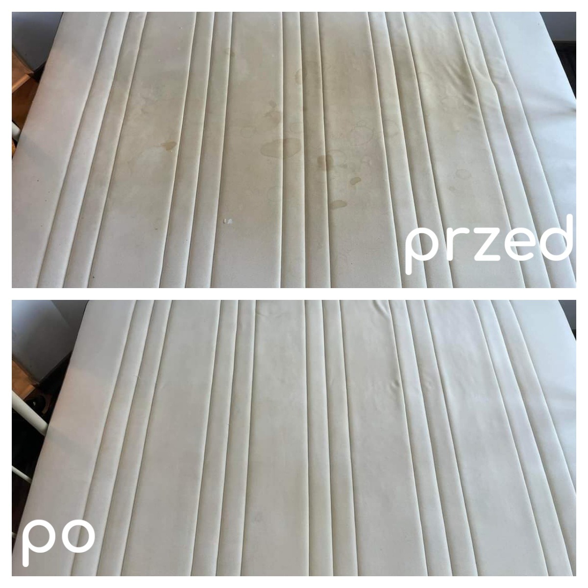 Materac z jasną tapicerką przed i po czyszczeniu, widoczne plamy usunięte, porównanie efektu prania.