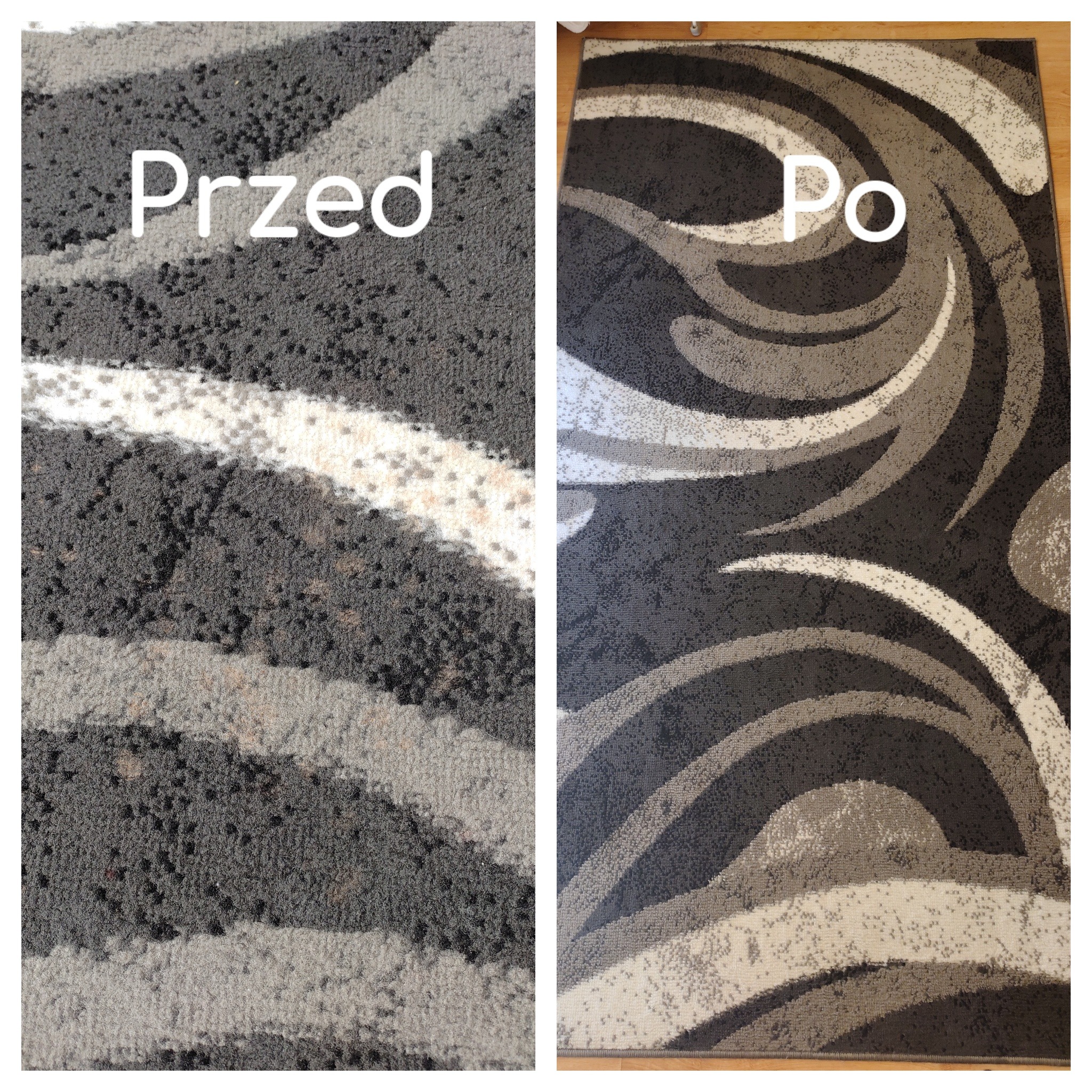 Dywan z geometrycznym wzorem w odcieniach szarości, zestawienie stanu przed i po czyszczeniu, widoczne różnice w intensywności kolorów i usunięciu zabrudzeń.