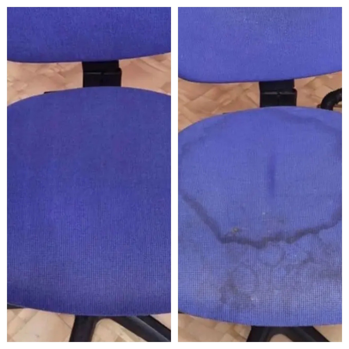 Porównanie siedziska krzesła biurowego przed i po czyszczeniu, widoczne plamy i różnica w odcieniu koloru.