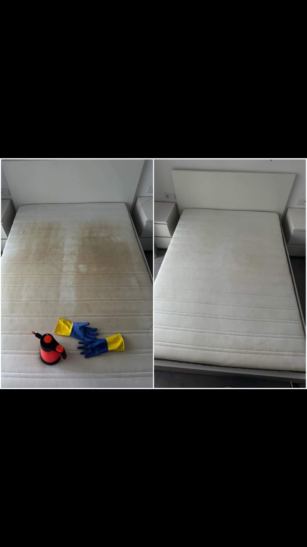Porównanie materaca przed i po czyszczeniu: po lewej stronie widoczne plamy i zabrudzenia, po prawej czysty, odświeżony materac. Na brudnej części leżą rękawice ochronne i urządzenie do czyszczenia.
