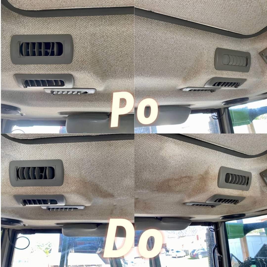 Kolaż przedstawiający podsufitkę pojazdu przed i po czyszczeniu, z widocznymi kratkami wentylacyjnymi i plamami usuniętymi w górnej połowie zdjęcia.