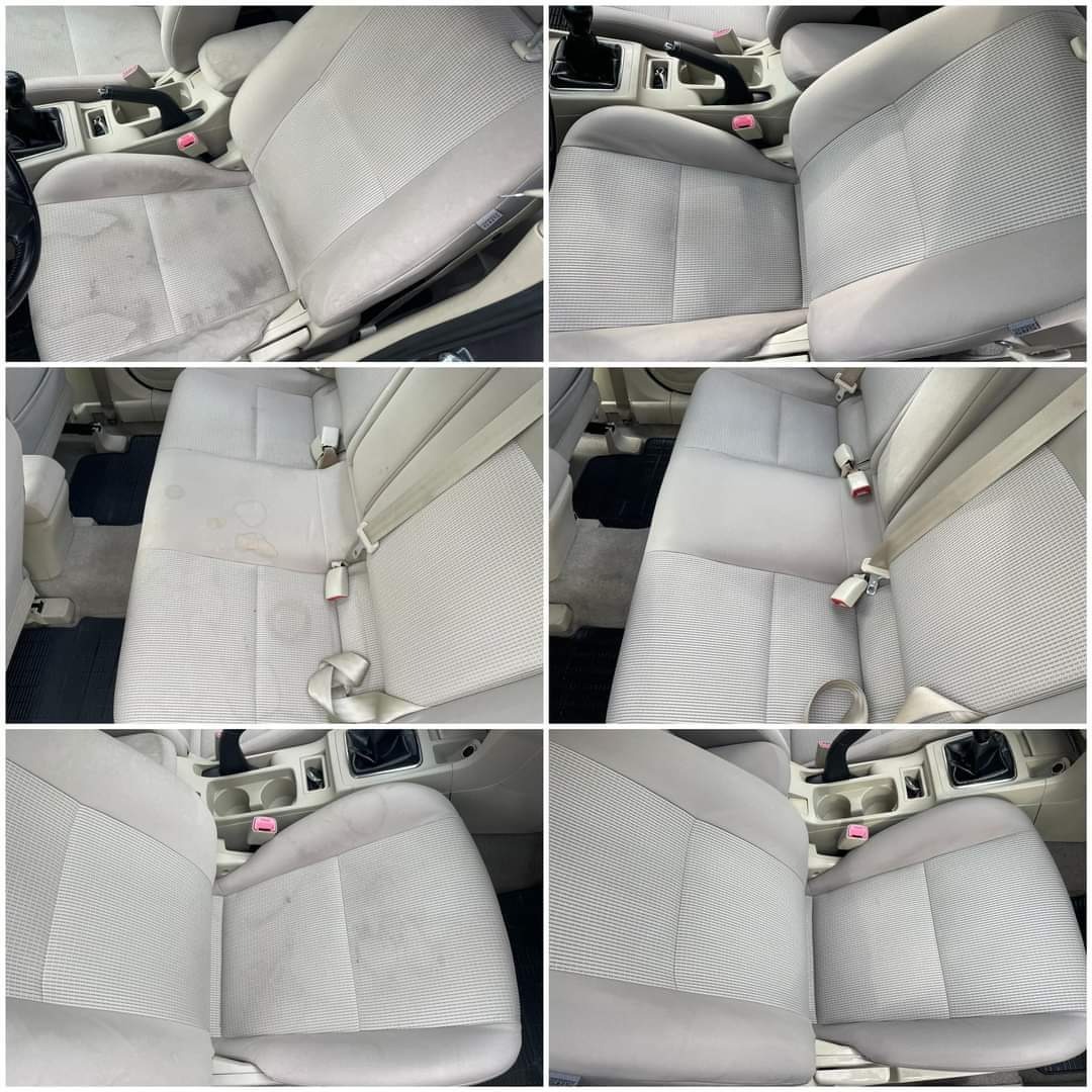 Kolaż przedstawiający wnętrze samochodu przed i po czyszczeniu tapicerki; widoczne różnice w czystości siedzeń i tylnej kanapy.