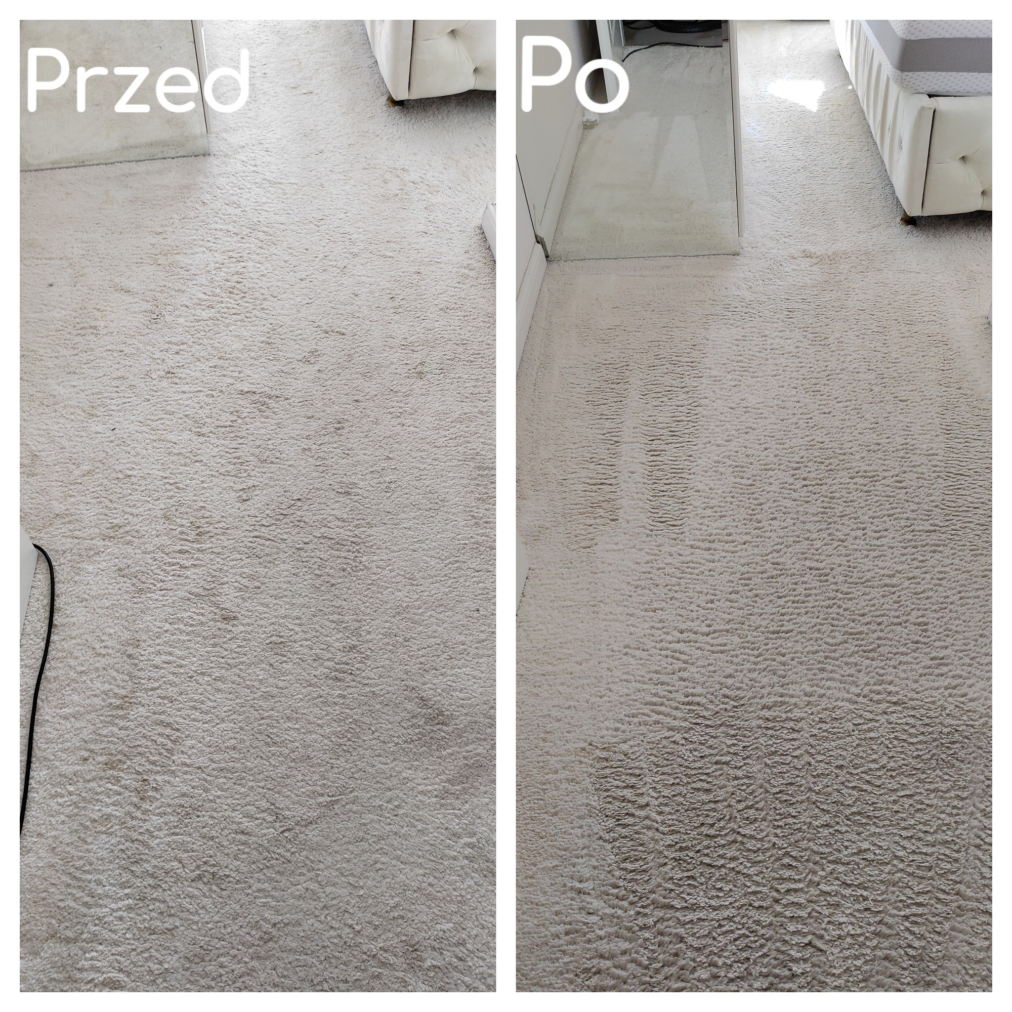 Dzielone zdjęcie: po lewej beżowy dywan z widocznymi plamami i zabrudzeniami oznaczony jako 'Przed', po prawej ten sam dywan po czyszczeniu, bez plam i zabrudzeń, oznaczony jako 'Po', fragment...