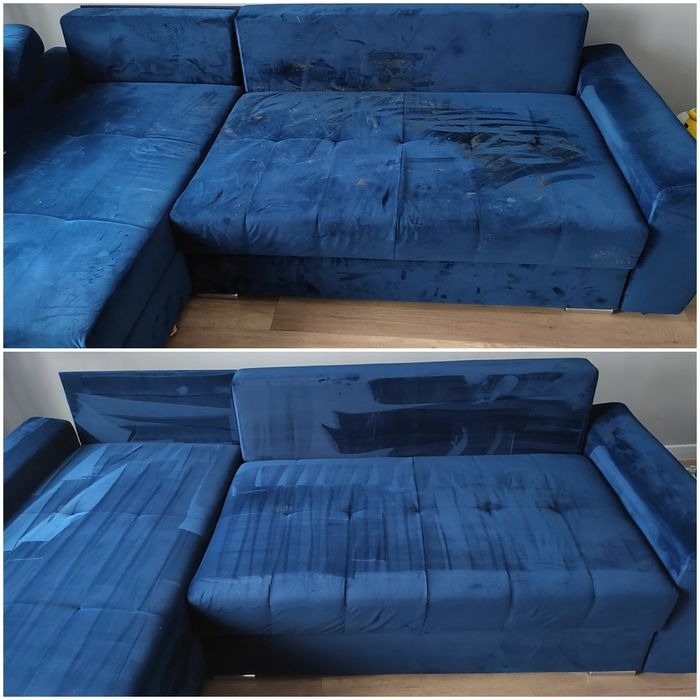 Dwu-obrazkowe porównanie: górne ujęcie przedstawia zabrudzoną, niebieską narożną kanapę z wyraźnymi plamami na siedzisku; dolne ujęcie ukazuje tę samą kanapę po czyszczeniu, z widocznymi śladami...
