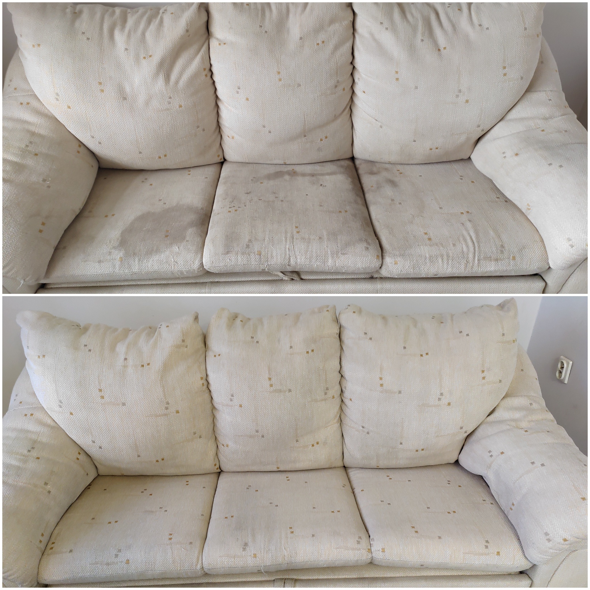 Porównanie: Trzyosobowa kanapa tapicerowana jasną tkaniną z wzorem przed i po praniu, widoczne wyraźne różnice w czystości na siedzisku.