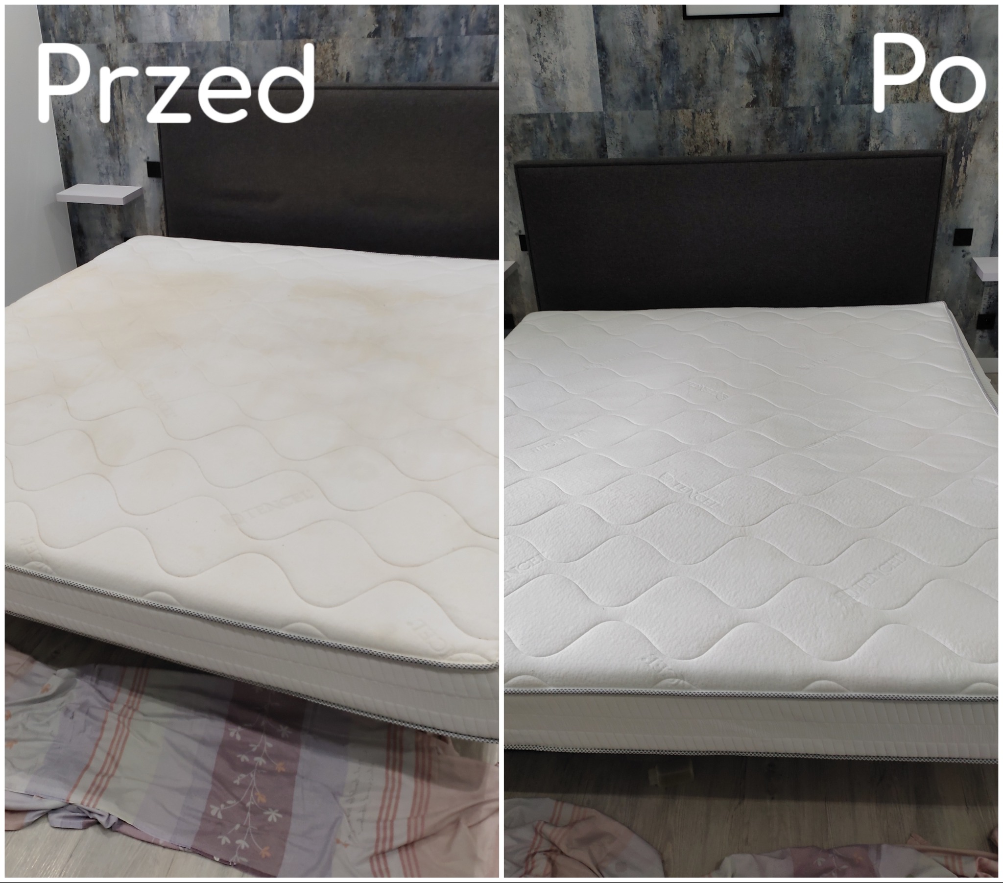 Porównanie materaca przed i po czyszczeniu, widoczne plamy na lewej stronie i czysta powierzchnia po prawej.