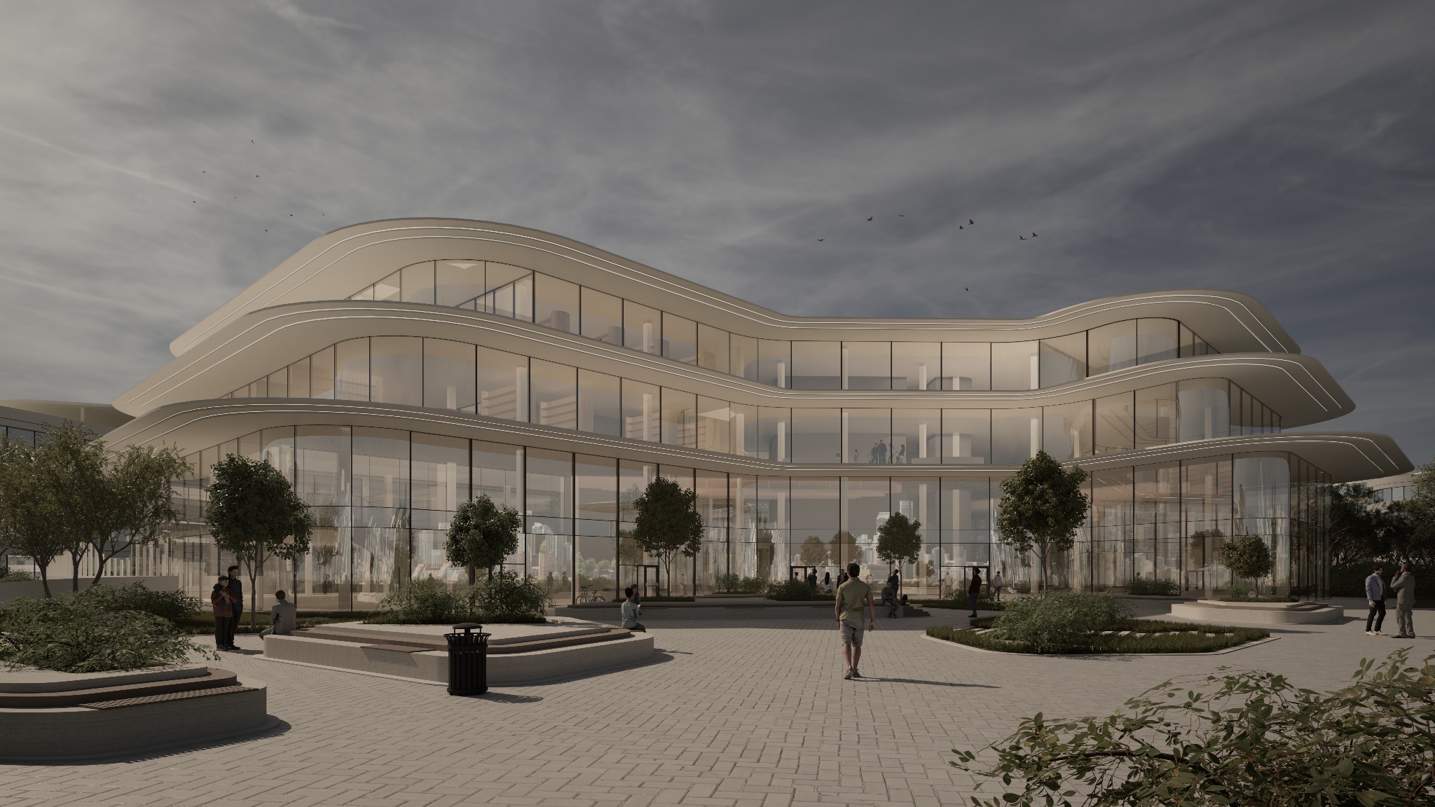 Wizualizacja nowoczesnego, trzypiętrowego biurowca o falującej architekturze, z dużymi przeszkleniami i otoczeniem z kostki brukowej, zieleni i spacerującymi ludźmi.