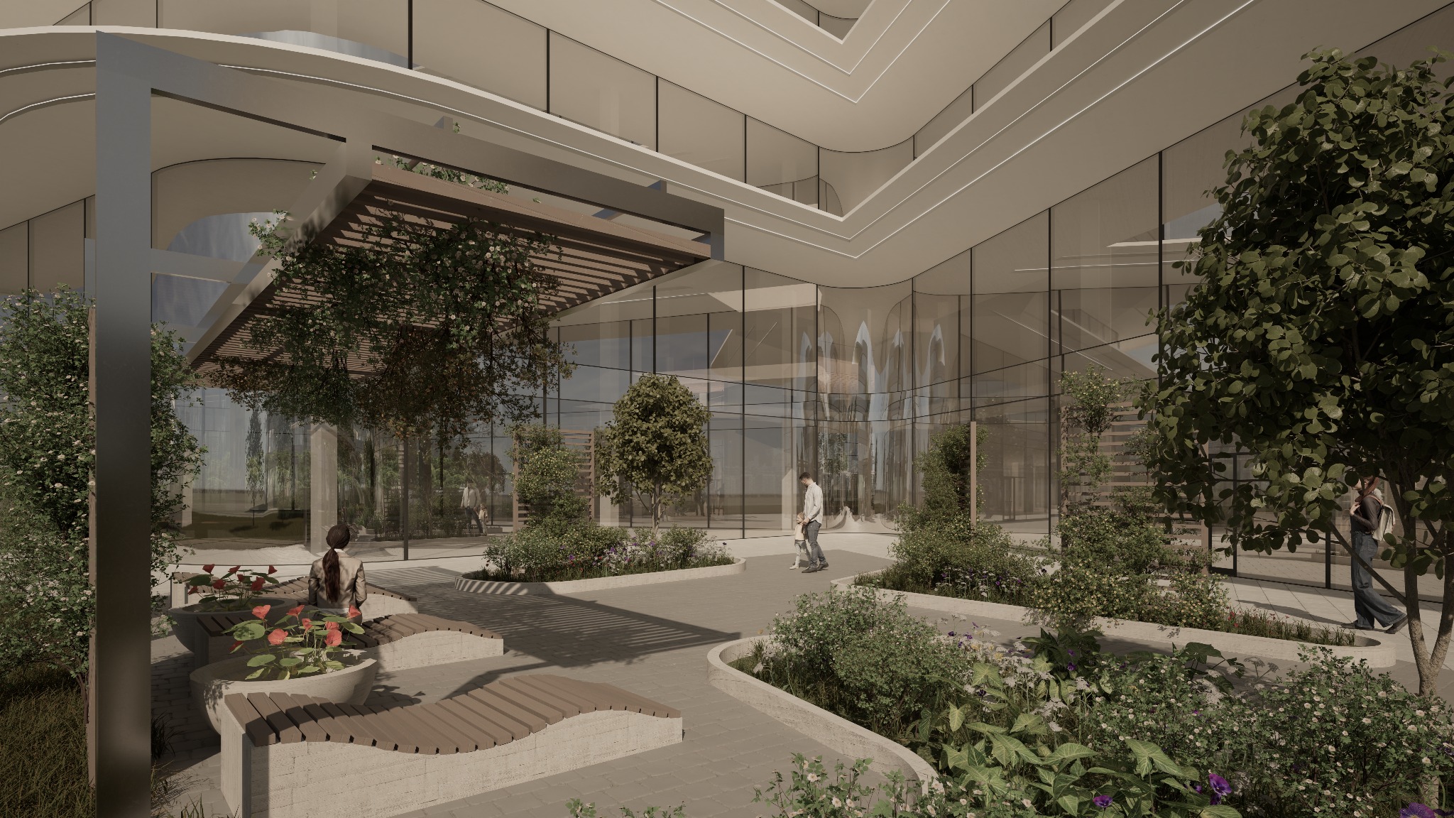 Wizualizacja zewnętrzna nowoczesnego budynku biurowego z przeszkloną fasadą, otoczonego zielenią, z pergolą nad miejscem do siedzenia i spacerującymi osobami.