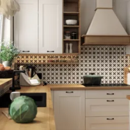 Jasna kuchnia z drewnianymi blatami i czarno-białą mozaiką na ścianie, wyposażona w nowoczesne sprzęty i dekoracje, w tym wieniec nad oknem i świeżą kapustę na blacie.