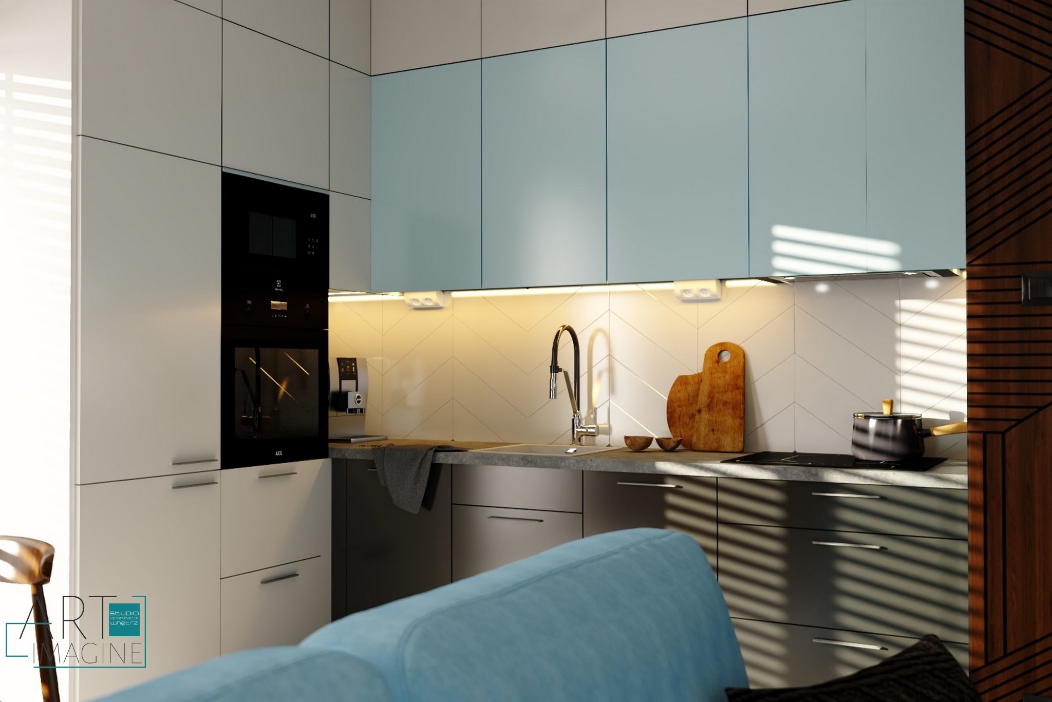 Nowoczesna kuchnia z białymi i pastelowo-niebieskimi szafkami, czarnym piekarnikiem i płytą indukcyjną, drewnianymi deskami do krojenia na blacie oraz dekoracyjnym panelem z ciemnego drewna...