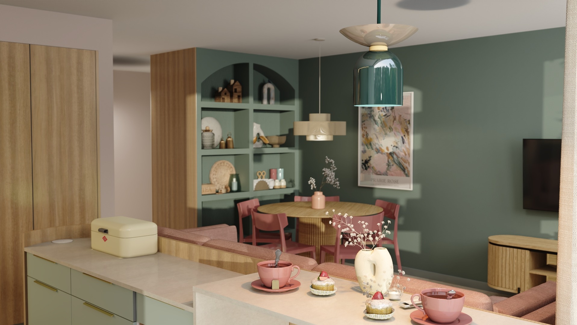 Wnętrze mieszkania z otwartą kuchnią, jadalnią i salonem utrzymane w stonowanej kolorystyce z akcentami różu i zieleni. Na pierwszym planie blat z pastelowymi filiżankami, obok chlebak w stylu...