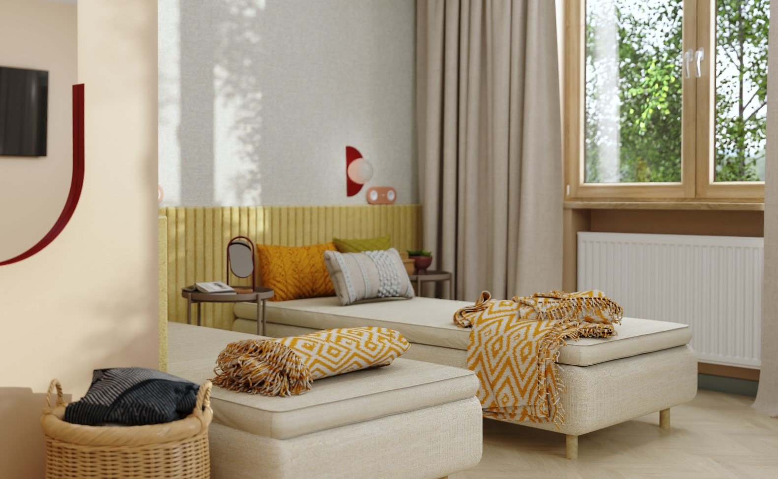 Jasna sypialnia z dwoma łóżkami, żółtymi akcentami, wzorzystymi pledami i dekoracyjnym lustrem na ścianie