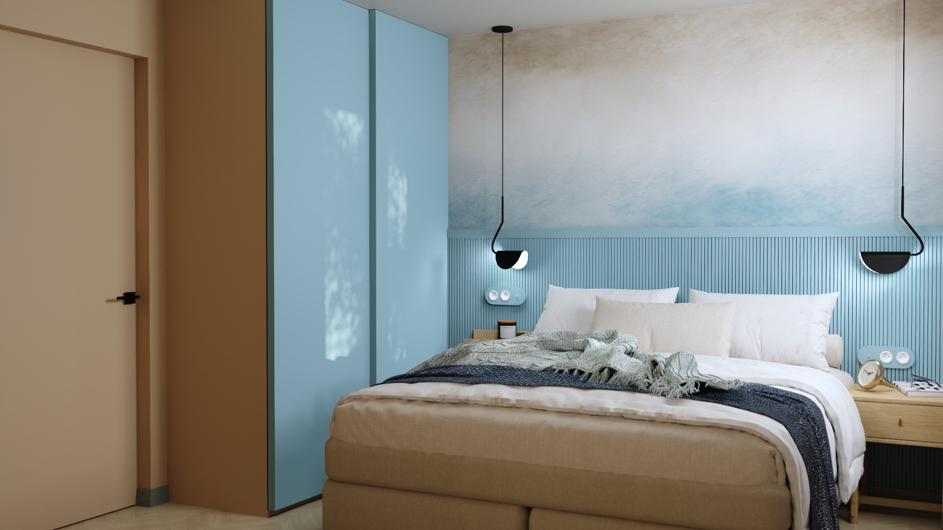 Sypialnia w pastelowych odcieniach z łóżkiem kontynentalnym, błękitną szafą i lampkami nocnymi w kształcie półksiężyca, akcentowana wzorzystą tapetą imitującą niebo.