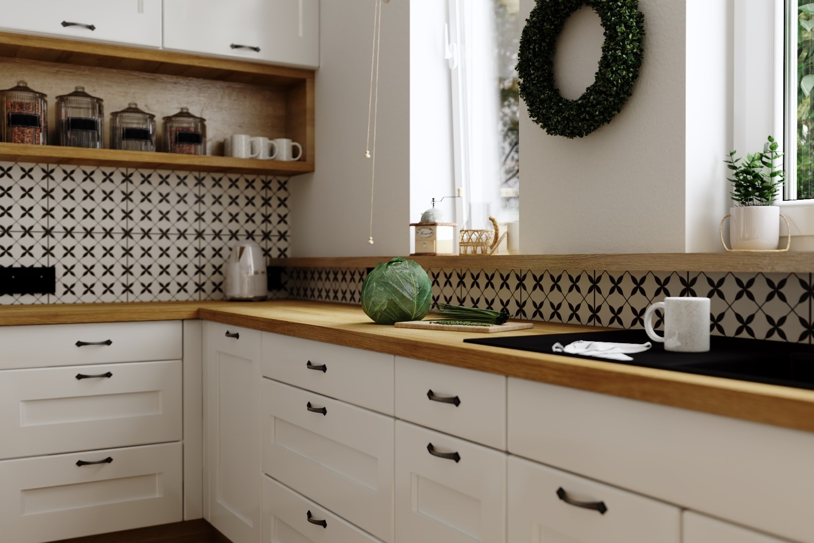 Jasna kuchnia z drewnianym blatem, czarno-białymi płytkami i świeżymi warzywami na desce do krojenia obok elektrycznej płyty grzewczej.