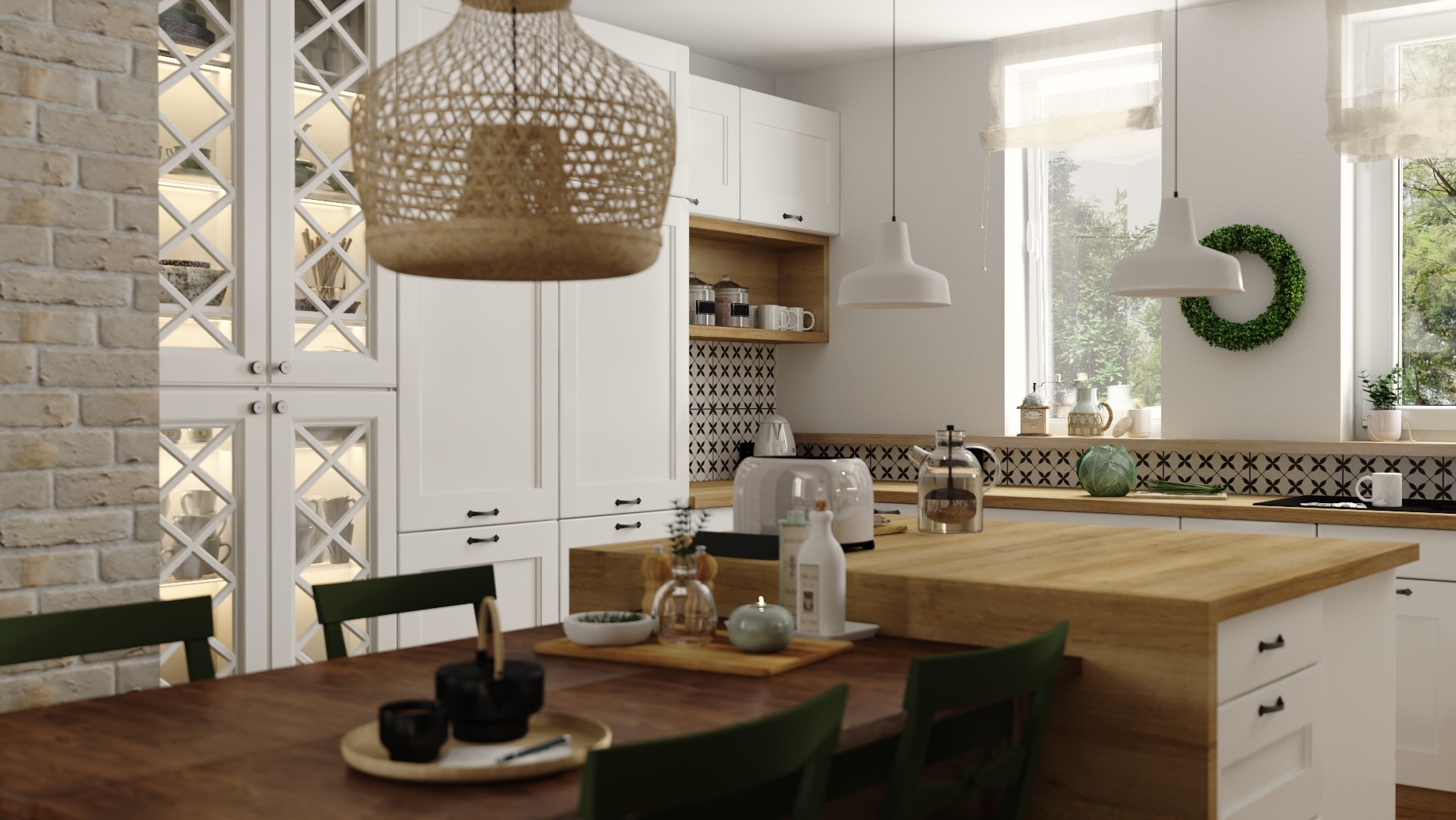 Jasna kuchnia z białymi szafkami, drewnianym blatem i stołem z zielonymi krzesłami, oświetlona lampami wiszącymi, z dekoracjami na blacie i ścianie z cegły.