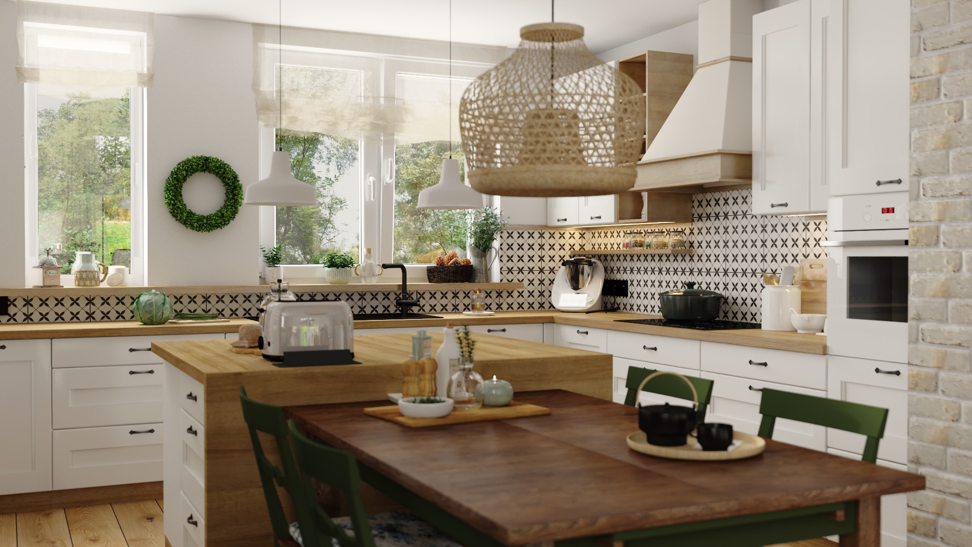 Jasna kuchnia z drewnianym blatem, wzorzystymi płytkami nad blatem, wiszącą lampą z wikliny i zielonymi krzesłami przy stole, z widokiem na ogród przez okno.