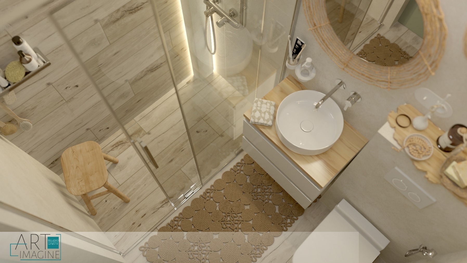 Wnętrze łazienki z kabiną prysznicową, okrągłą umywalką nablatową na drewnianym blacie, okrągłym lustrem w ramie z juty i dywanikiem z juty z motywem okręgów.