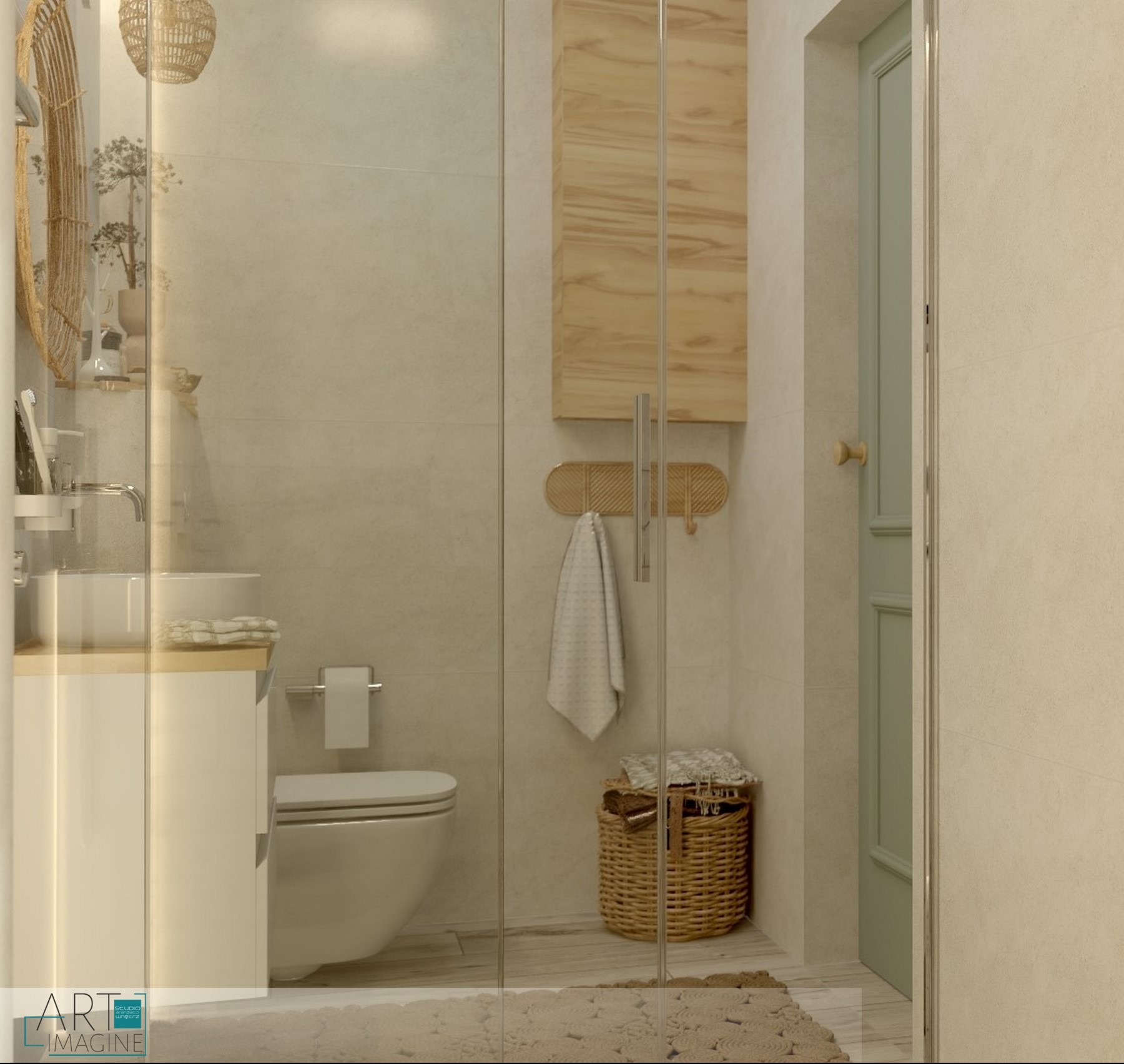 Wizualizacja łazienki z kabiną prysznicową ze szklanymi drzwiami, umywalką nablatową na szafce, toaletą, rattanowymi dodatkami i drewnianymi akcentami, utrzymana w jasnej, neutralnej kolorystyce.