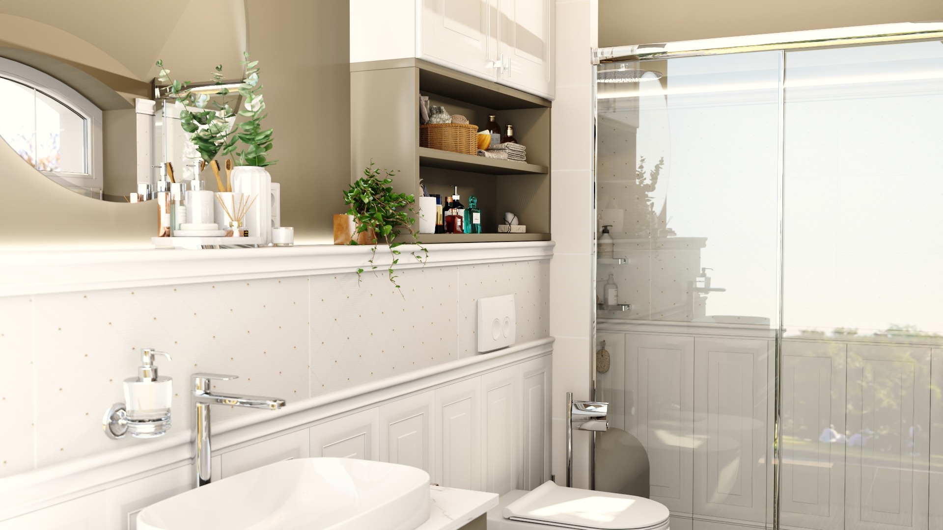 Jasna łazienka z owalnym lustrem, roślinami w wazonach, białą umywalką nablatową i kabiną prysznicową ze szklanymi drzwiami przesuwnymi.