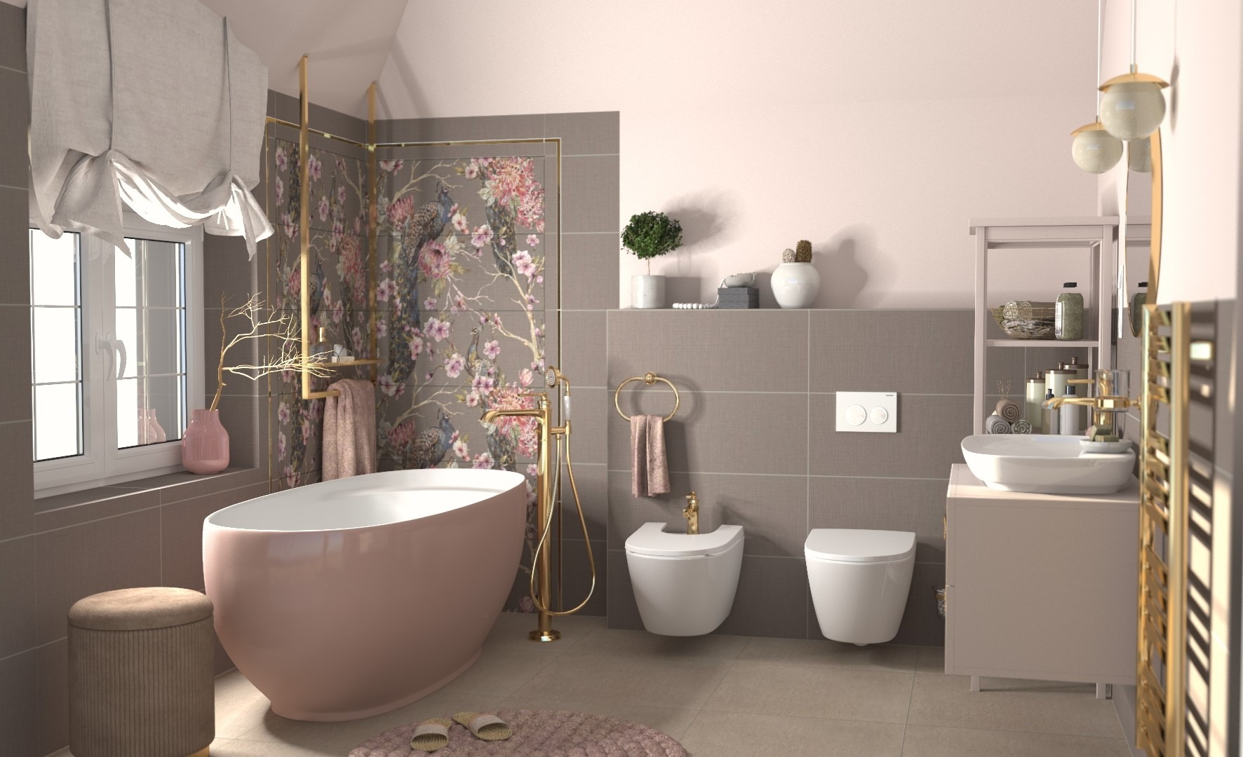 Nowoczesna łazienka w pastelowych kolorach: różowa wanna wolnostojąca, złota armatura, szare płytki z motywem kwiatowym i pawimi piórami, oraz toaleta i bidet w minimalistycznym stylu.