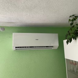 Mateusz Góral - Biała jednostka klimatyzacyjna Haier zamontowana na zielonej ścianie w pomieszczeniu z widoczną rośliną doniczkową i fragmentem przeszklonej witryny.
