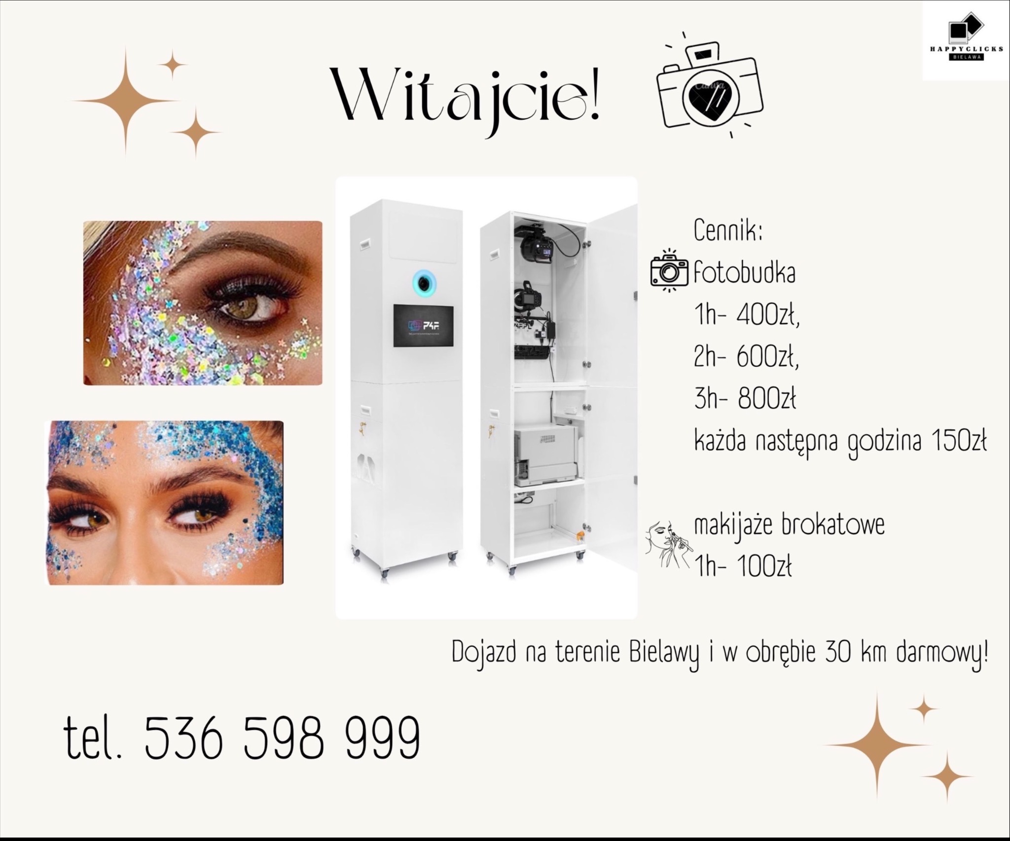 Reklama fotobudki z cennikiem, makijażem brokatowym i zdjęciami zbliżeń oczu z brokatem, na jasnym tle.