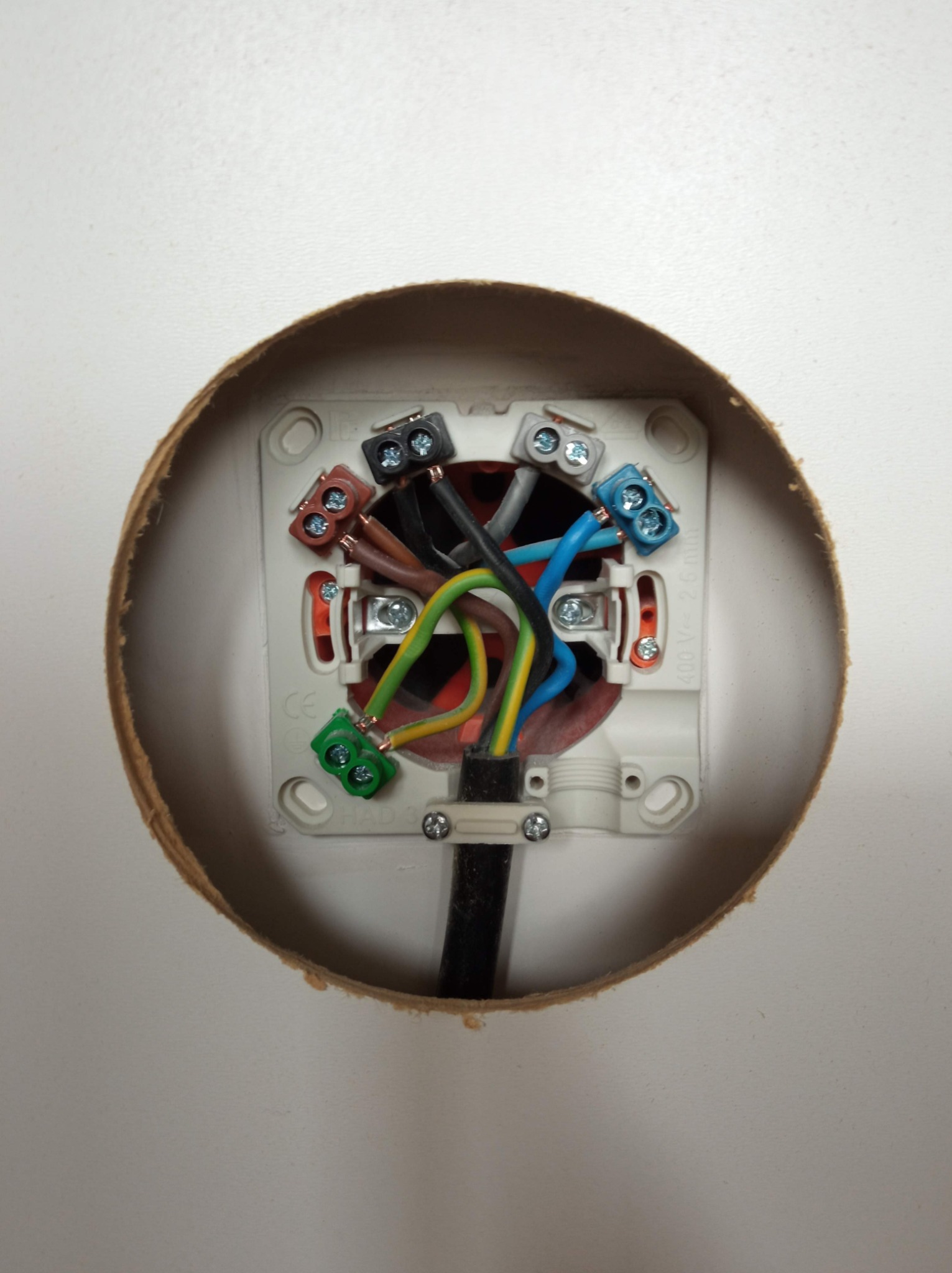 Gniazdo elektryczne w ścianie z podłączonymi przewodami o różnych kolorach za pomocą złączek.