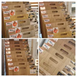 Ekspozycja różnych wzorów i kolorów paneli podłogowych na stojaku w sklepie, z widocznymi cenami i informacją o darmowym montażu, prezentująca szeroki wybór materiałów wykończeniowych.