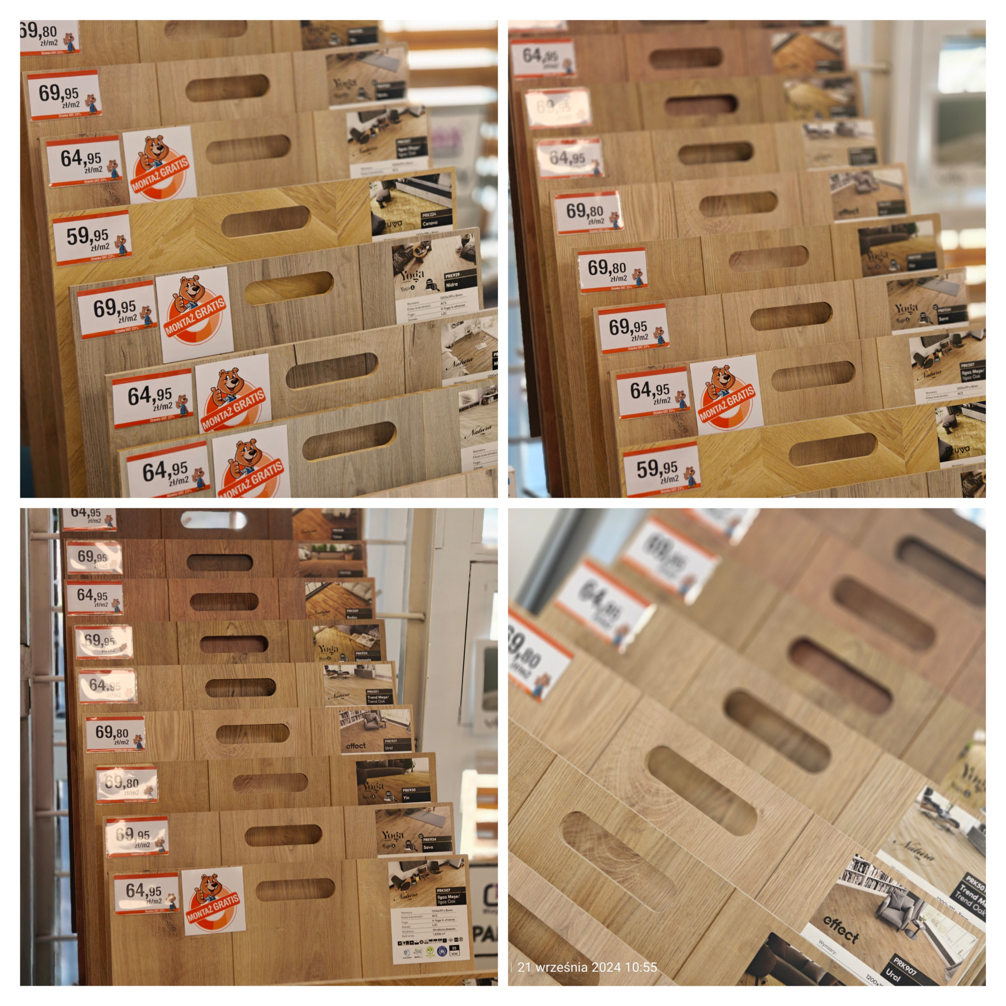 Ekspozycja różnych wzorów i kolorów paneli podłogowych na stojaku w sklepie, z widocznymi cenami i informacją o darmowym montażu, prezentująca szeroki wybór materiałów wykończeniowych.