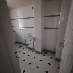 Multiservice - Biała łazienka z umywalką na chromowanych nogach, biało-czarną podłogą w kratkę i zielonymi akcentami na listwach przypodłogowych i pasie płytek na ścianie.