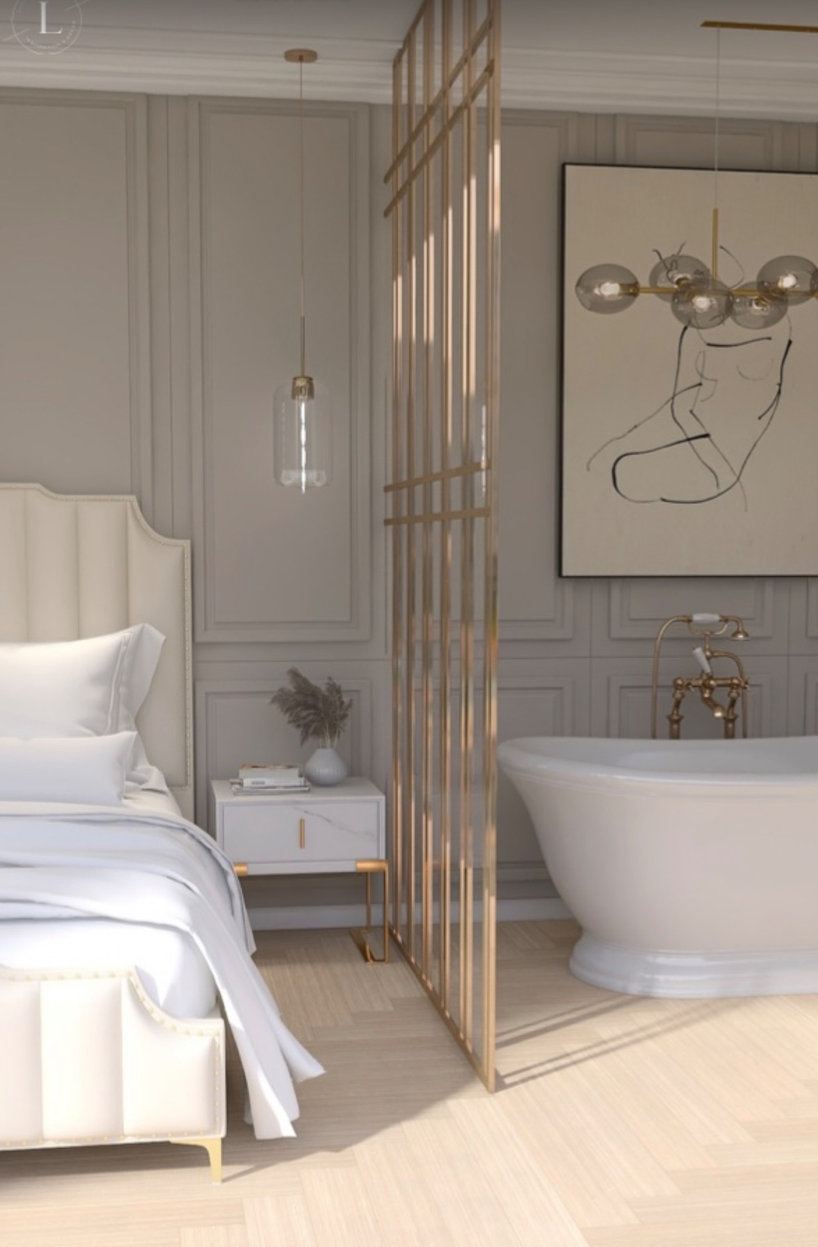 Wizualizacja sypialni połączonej z łazienką, oddzielonych ażurową, złotą ścianką działową. Widoczna biała wanna wolnostojąca z mosiężną armaturą, obok łóżko z pikowanym zagłówkiem i białą pościelą,...