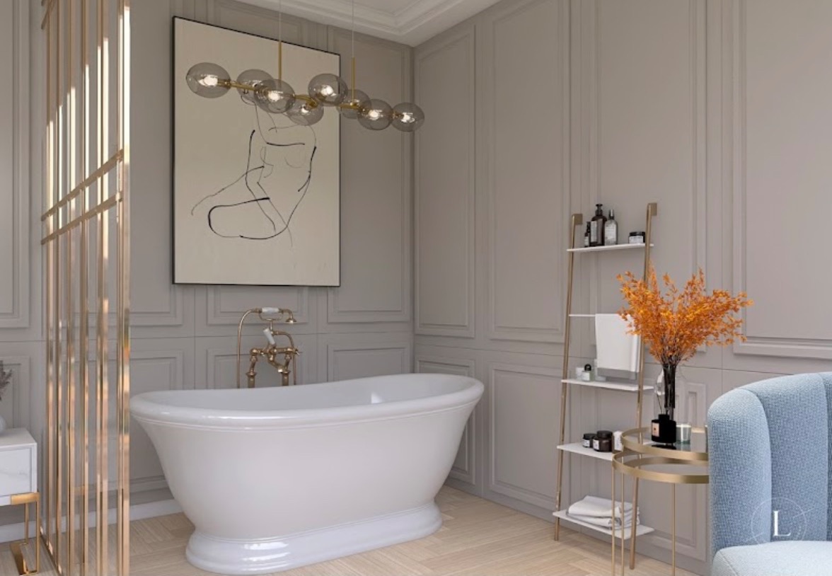Elegancka łazienka z wolnostojącą wanną, złotą armaturą, minimalistycznym obrazem i dekoracyjnym regałem drabinkowym.