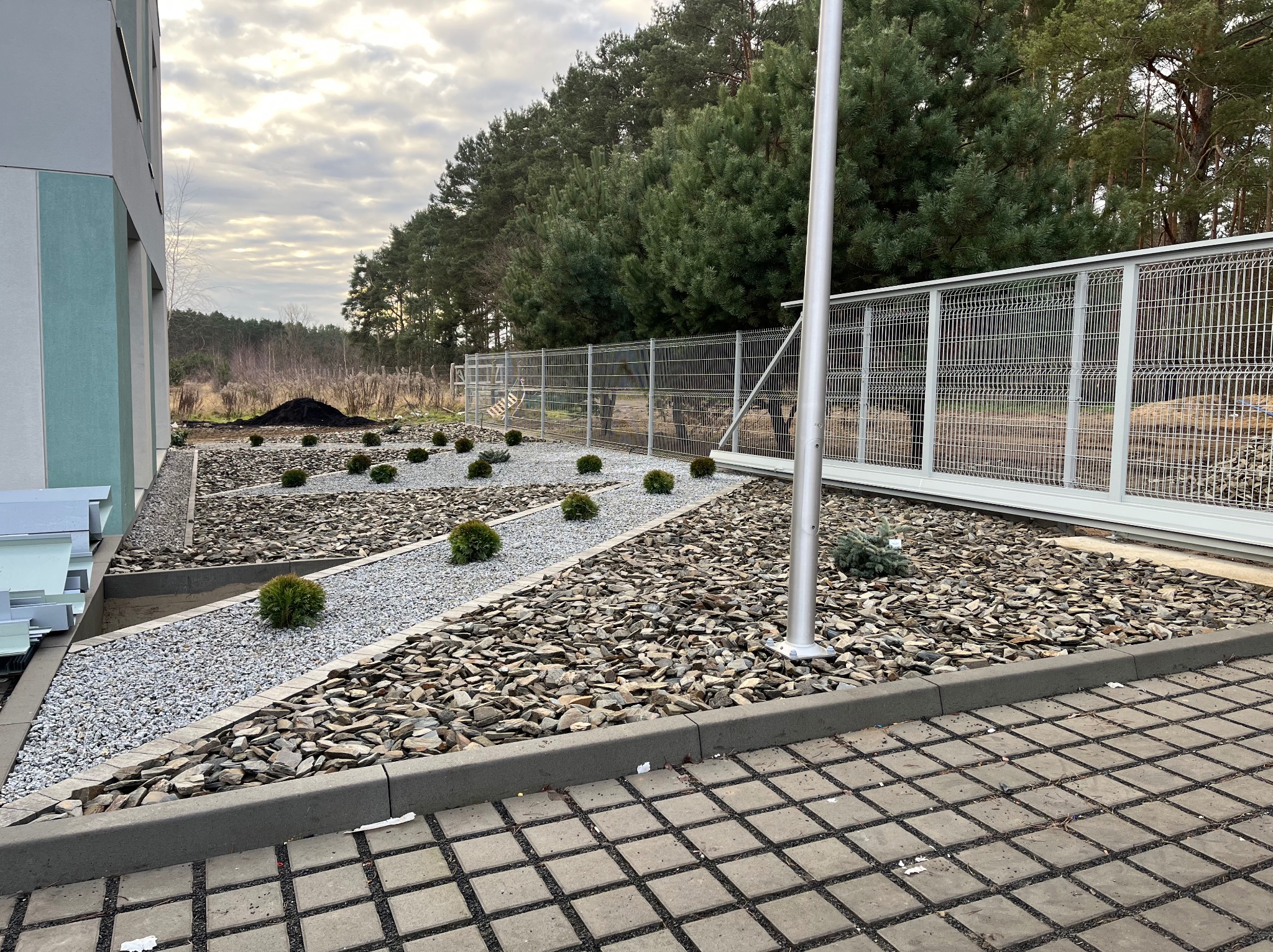 Nowoczesny ogród z geometrycznymi rabatami wysypanymi kamieniem i korą, niskie krzewy kuliste, metalowe ogrodzenie, kostka brukowa, budynek w tle.