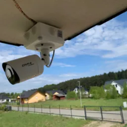 Kamera monitoringu marki DNR ViDRA, zamontowana pod okapem budynku, widok na osiedle domów jednorodzinnych i błękitne niebo z chmurami.