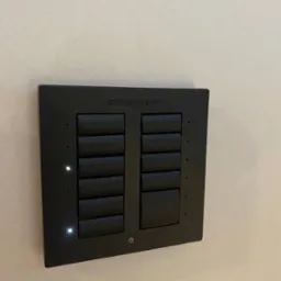 Czarny panel sterowania Crestron z dwoma rzędami przycisków, zamontowany na jasnej ścianie, z dwoma świecącymi diodami LED po lewej stronie.