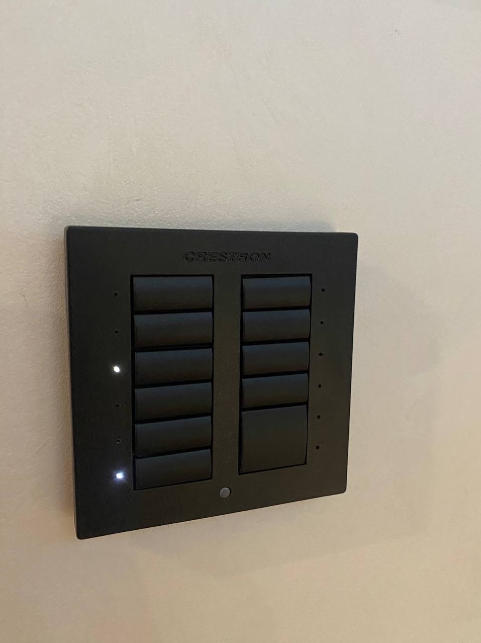 Czarny panel sterowania Crestron z dwoma rzędami przycisków, zamontowany na jasnej ścianie, z dwoma świecącymi diodami LED po lewej stronie.