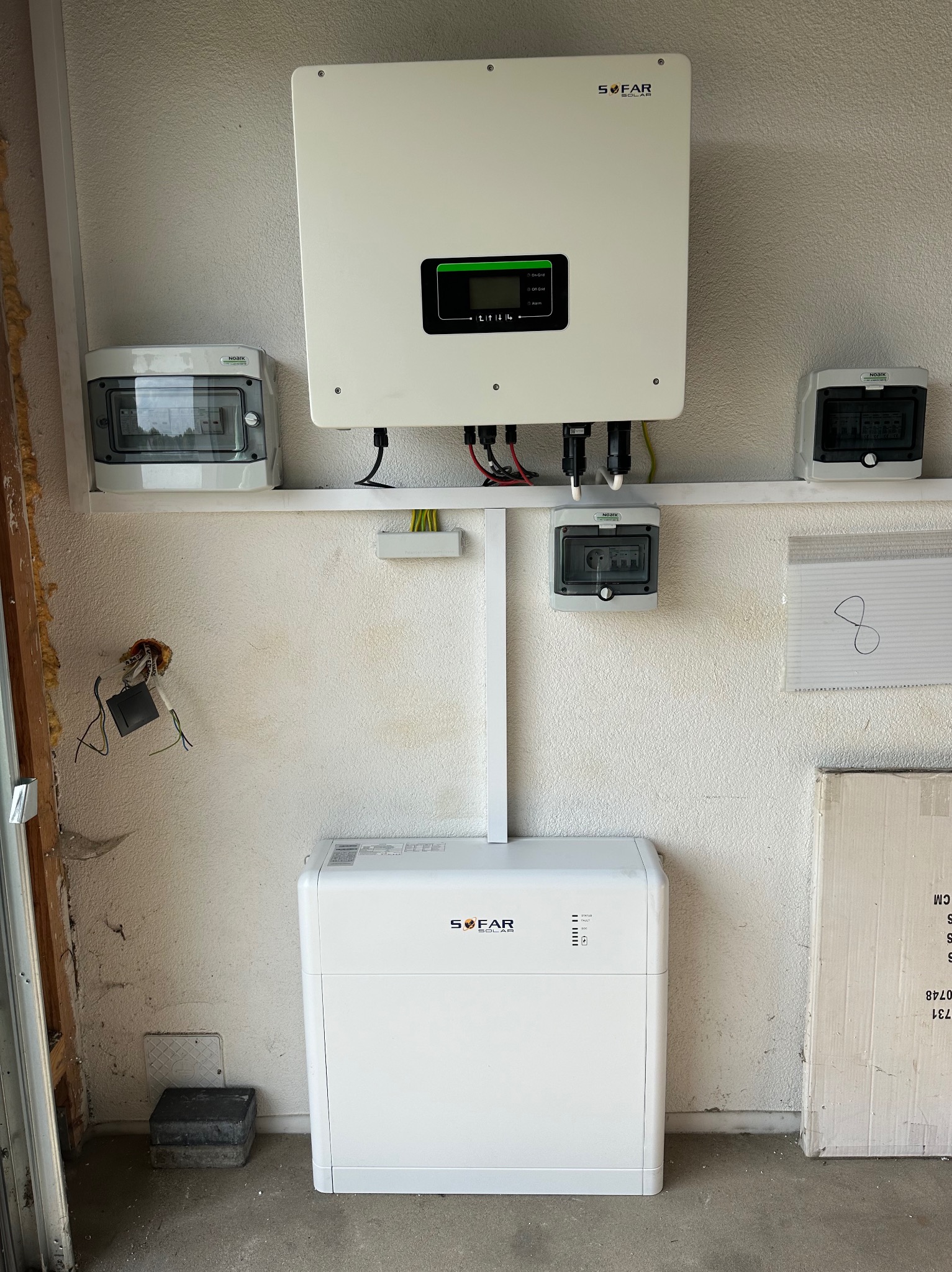 Biały inwerter Sofar Solar zamontowany na ścianie z widocznymi przewodami, skrzynkami elektrycznymi i akumulatorem, częściowo wykończone pomieszczenie.