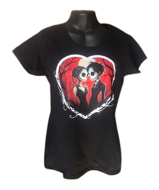 Czarna koszulka damska z nadrukiem stylizowanym na 'Miasteczko Halloween' Tima Burtona, prezentowana na czarnym manekinie.