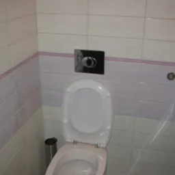 Toaleta z otwartą klapą w łazience wyłożonej białymi i fioletowymi kafelkami, widoczny chromowany przycisk spłuczki i uchwyt na papier toaletowy.