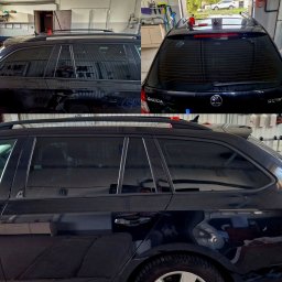 Kabe TintLeather - Pranie tapicerki samochodowej Opole - Ciemna Skoda Octavia kombi z przyciemnionymi szybami, widok z boku i tyłu, na dachu czerwony element zabezpieczający.