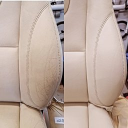 Kabe TintLeather - Pranie tapicerki samochodowej Opole - Porównanie: fotel samochodowy z jasnej skóry przed i po czyszczeniu, widoczne usunięcie zabrudzeń i zarysowań.