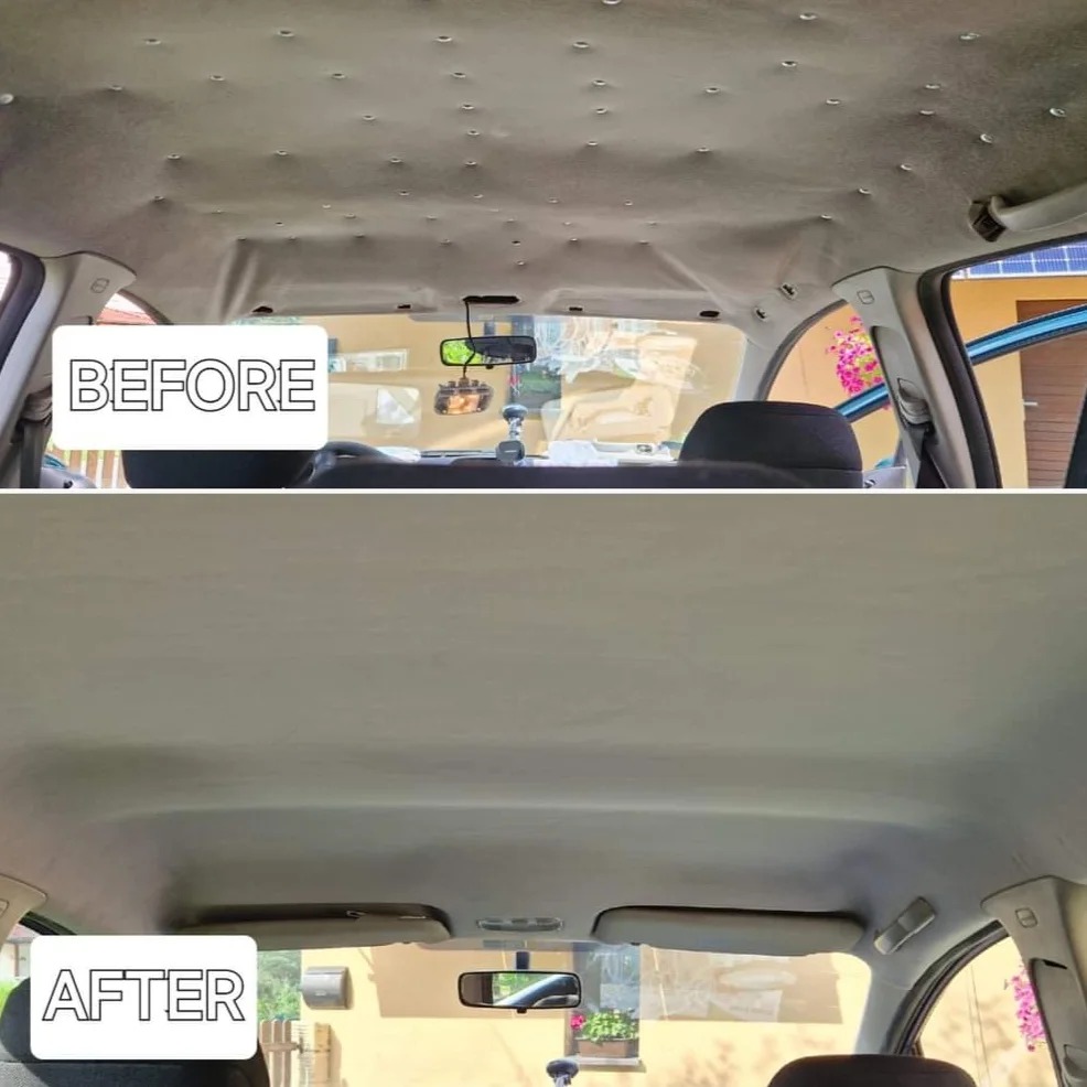 Porównanie podsufitki samochodowej przed i po czyszczeniu: widoczne liczne zabrudzenia i odklejająca się tkanina w górnej części, a w dolnej czysta, gładka powierzchnia.