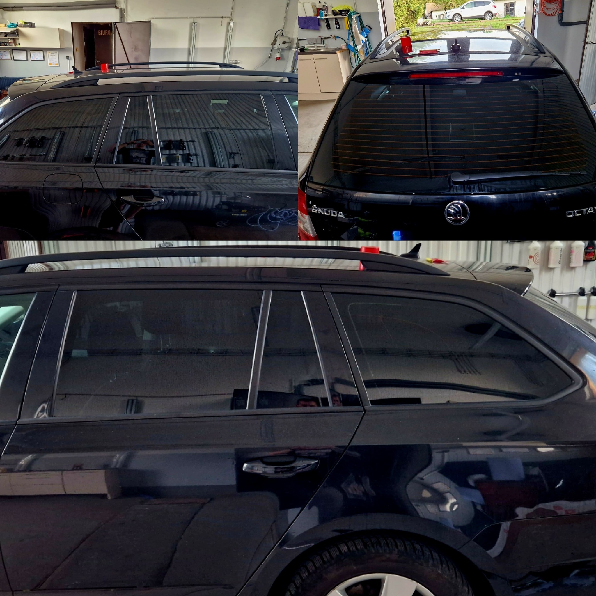 Ciemna Skoda Octavia kombi z przyciemnionymi szybami, widok z boku i tyłu, na dachu czerwony element zabezpieczający.