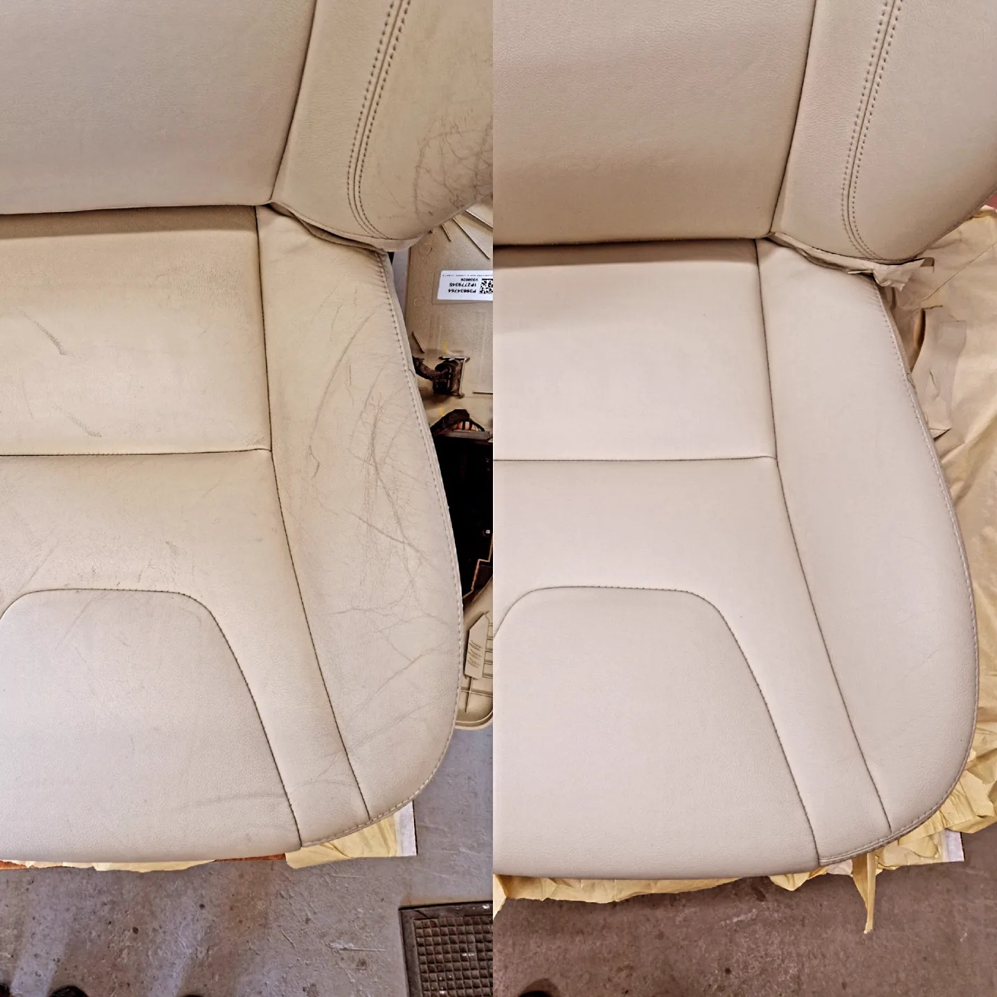 Porównanie fotela samochodowego przed i po czyszczeniu w Opolu: po lewej stronie widoczne zabrudzenia i zarysowania na jasnej tapicerce, po prawej - odświeżona, czysta powierzchnia.