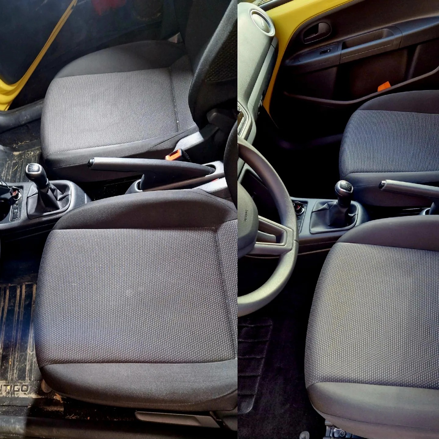 Porównanie fotela samochodowego przed i po czyszczeniu, widoczne różnice w kolorze i czystości tapicerki, z lewej strony zabrudzony fotel, z prawej odświeżony.