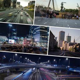 Mariusz Sieńko - Kompozycja z kilku ujęć Warszawy: ruchliwa ulica z rozmytymi światłami samochodów, pomnik Syrenki Warszawskiej na tle mostu, nocna panorama centrum handlowego z tłumem ludzi, widok na wieżowce...