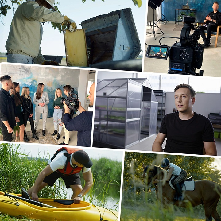 Mozaika zdjęć przedstawiająca różnorodne sceny: pszczelarza przy ulu, grupę osób pozujących przed kamerą w studio, kamerzystę filmującego wywiad, szklarnię, kajakarza przygotowującego się do spływu...